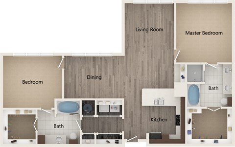 A floor plan of a house with a living room, dining room, kitchen, and three bedrooms.